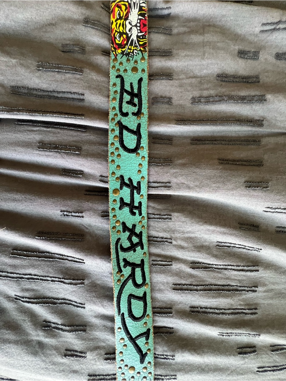 Ed Hardy Mint Green Leather Belt with Rivets & Antique Gold Buckle